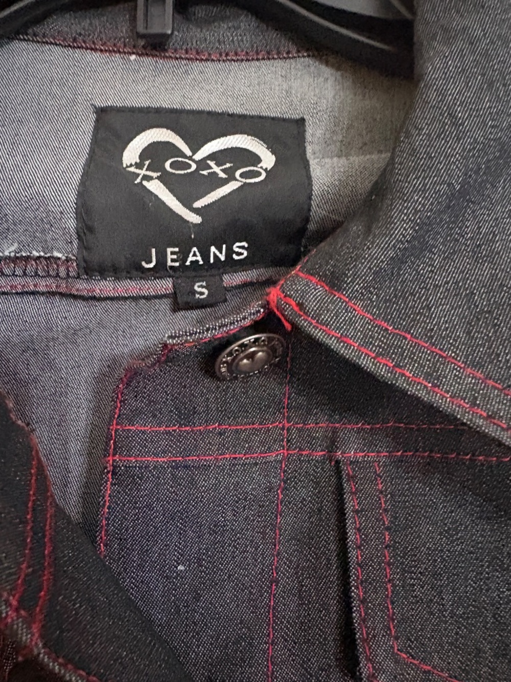 VINTAGE 1990s X0X0 JEANS Dark Blue with Red thread detail Denim Jacket - Size S - Picture 3 of 14